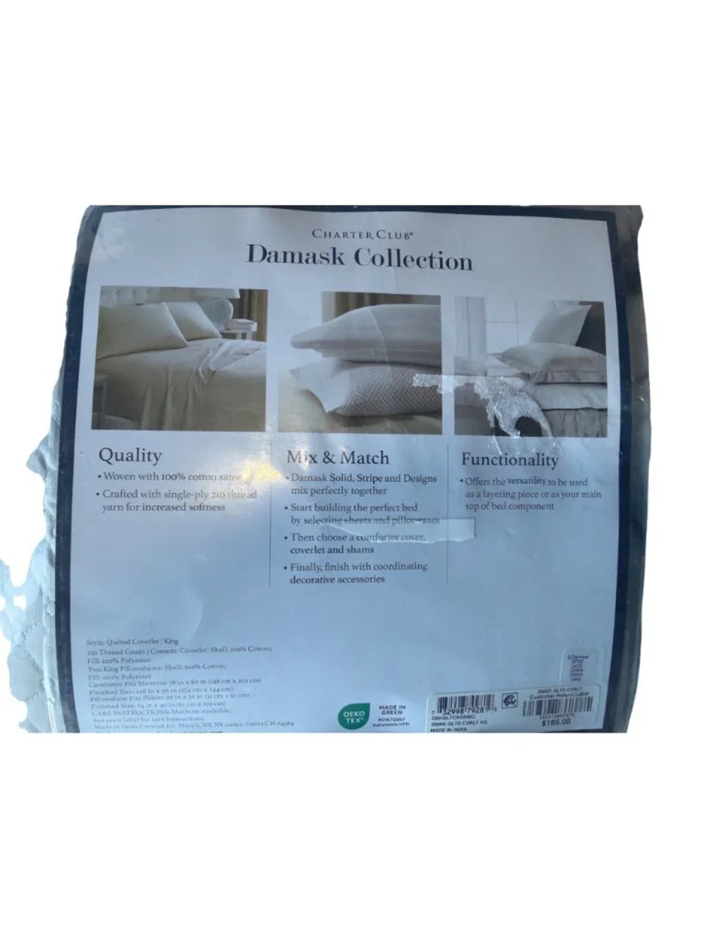 NWT Charter Club Quilted Cotton 3-Pc. Coverlet Set Parchment Size King
